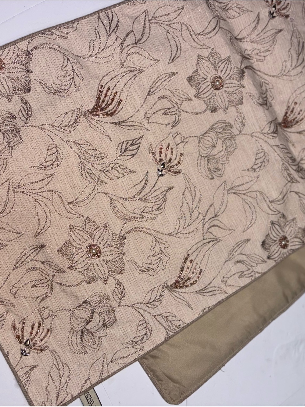 Rachel Zoe intricate botanical embroidery beige background delicate beads